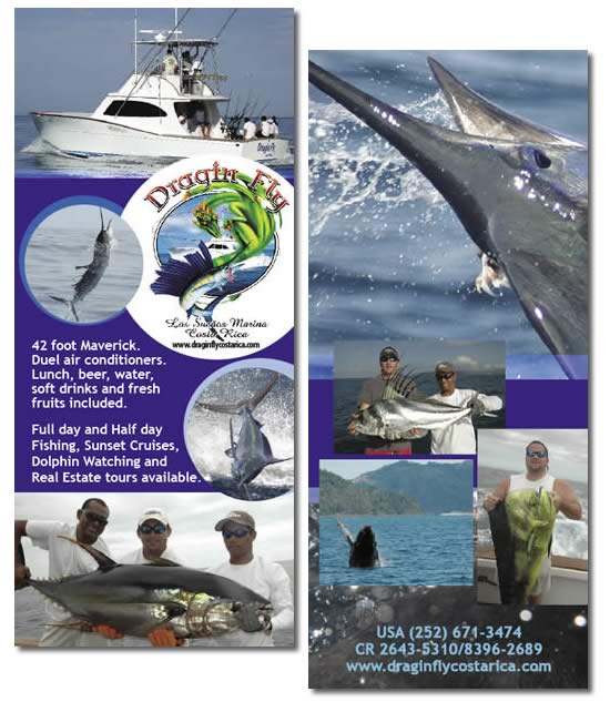 Flyer for the Dragin Fly, Sport Fishing Boat in Los Sueños Marina Costa Rica.